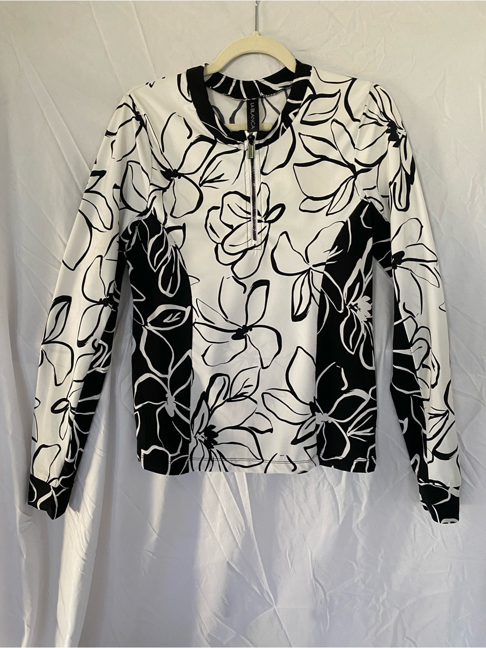 La Blanca Black & White Floral 3/4 Zip-Front RashGuard Swim Top Long Sleeve